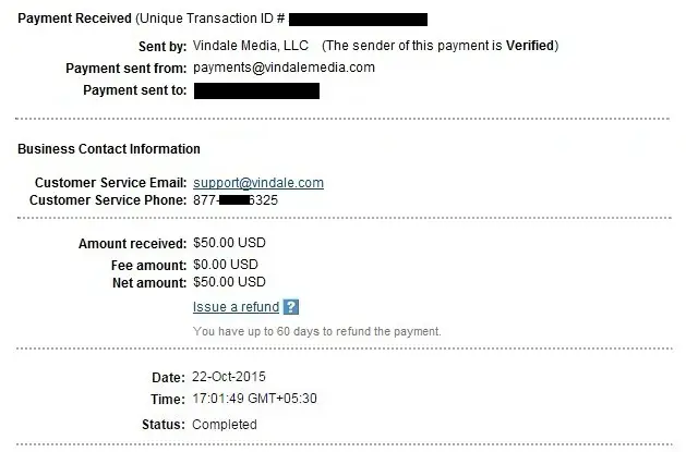 Vindale Research Payment Proof