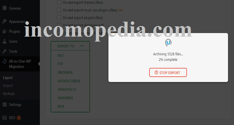 all in one wp migration starts archiving files