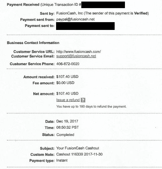 FusionCash PayPal Payment proof